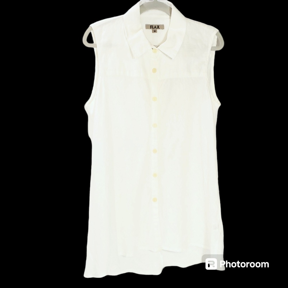 Flax White Linen Lagenlook Minimalist Tunic ButtonUp Collared Sleeveless Medium